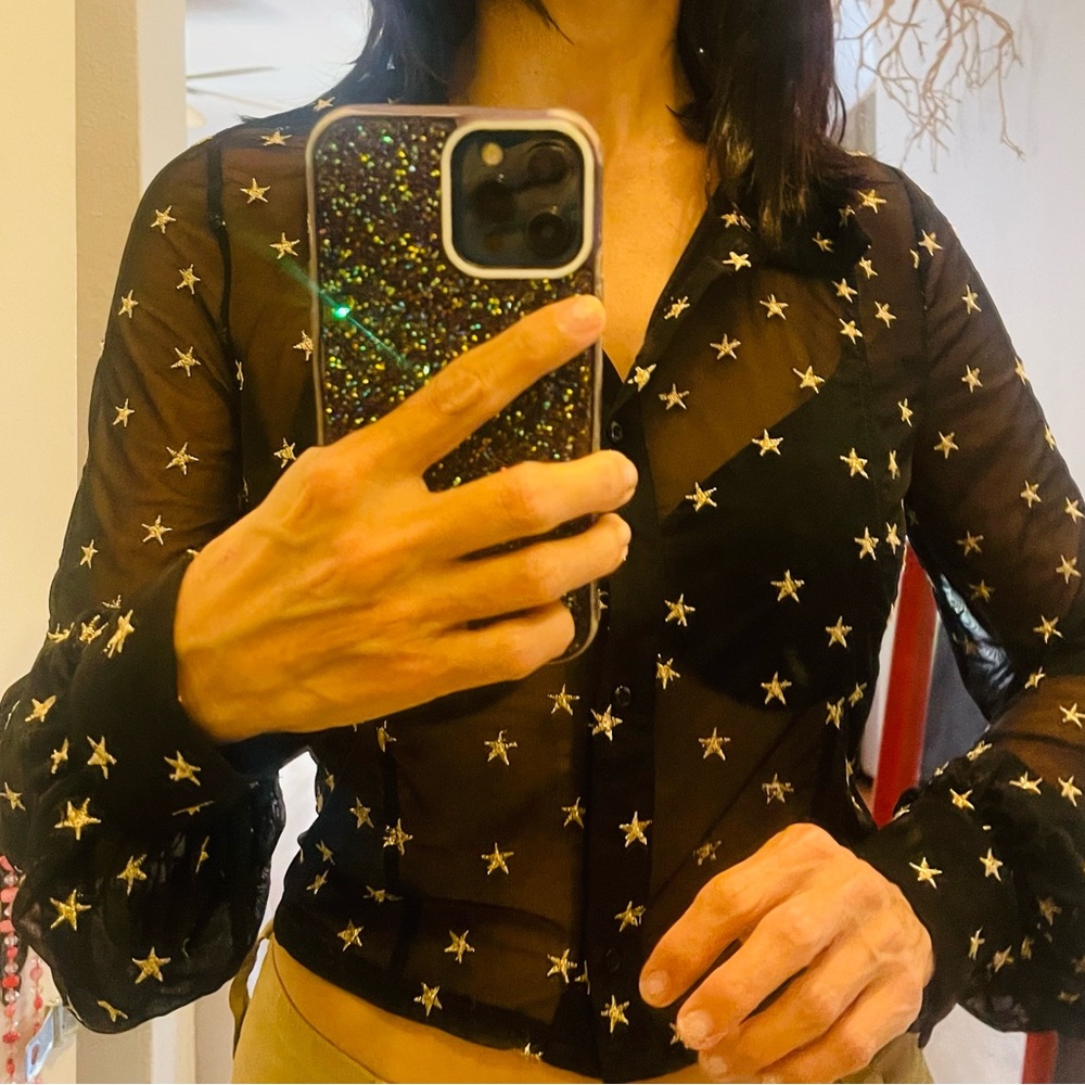 Donna Mizani Black mesh blouse with Gold Stars